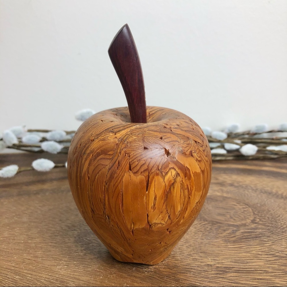 Vintage Wooden Apple Decor - Honey Brown with Dark Brown Stem